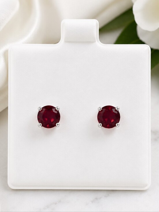 Jewelry - Sterling Silver Deep Red Gemstone Stud Earrings | Classic Round Studs | New